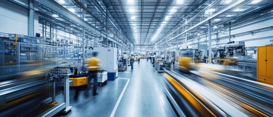 Very realistic and photographic photo of a sleek, modern warehouse interior filled with automation machinery and motion-blurred workers in sync The long exposure technique emphasizes the dynamic