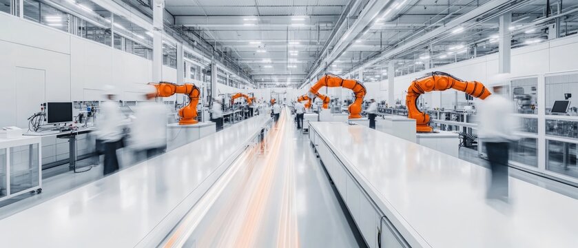 Very realistic photo of a modern industrial factory with white surfaces, blurred workers, and automated orange robotic arms in constant action The long exposure creates a dynamic sense of efficiency