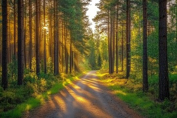Obraz premium Sunlight filtering through pine trees onto a quiet forest road, tranquil and scenic