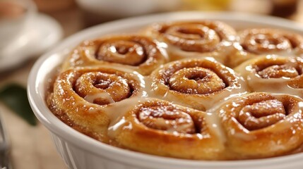 A pan of freshly baked cinnamon rolls, drizzled with icing.