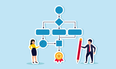 A businessman with a pencil and another with a stick are near a flowchart and an award medal, illustration of strategic planning for business success