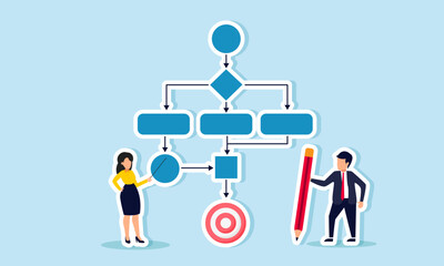 A businessman with a pencil and another with a stick are by a flowchart and a target board, illustration of strategic planning to achieve business goals