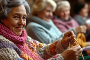 A group of mature women in a knitting class, learning new patterns and techniques, happily working on their projects