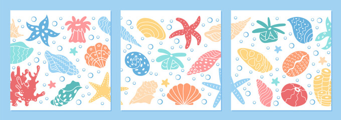 Underwater reef scene filled with marine life and colorful coral formations. Social media template post with vibrant sea creatures, seashells, and starfish in an ocean inspired design.