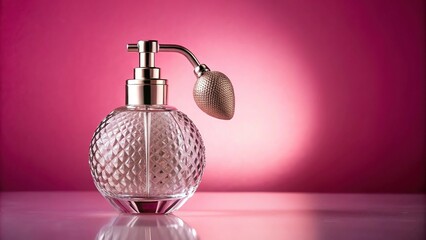 Aerial vintage perfume bottle with atomizer on pink background