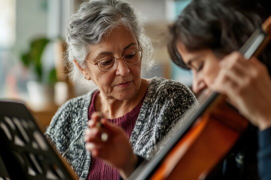 A senior woman learning to play a musical instrument with the guidance of a patient teacher, focusing intently on her lesson