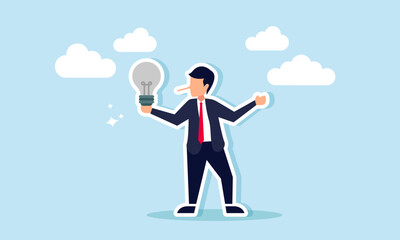 A long-nosed businessman holds and displays a broken lamp, illustration of the act of offering bad ideas or idea scams or idea manipulation