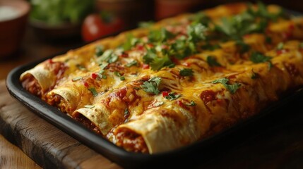 Tasty homemade enchiladas with cheddar cheese, jalapeno peppers and cilantro.