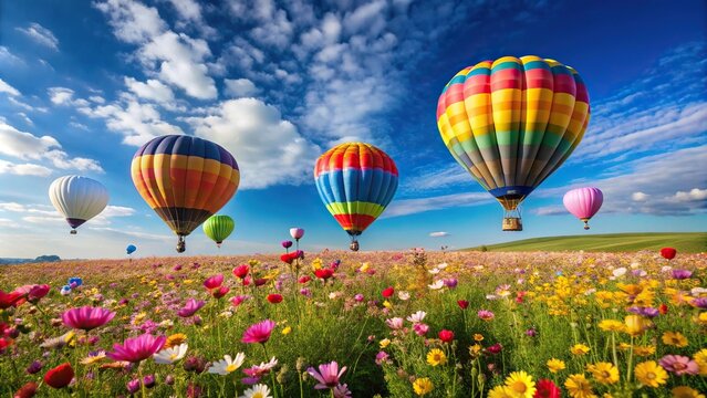 aerostats flying over field of flowers
