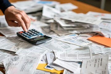 A close-up of debt notices and bills scattered on a table, with a hand nervously reaching for a calculator, highlighting financial stress and the burden of debt