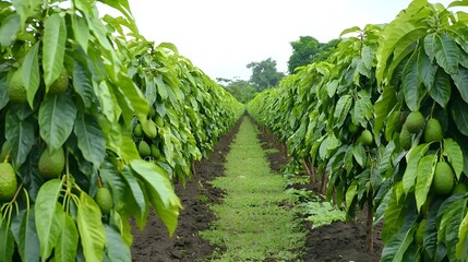 Lush avocado farm with trees full of ripe green avocados set against an isolated natural background  Abundant healthy avocado harvest in a rural agricultural landscape