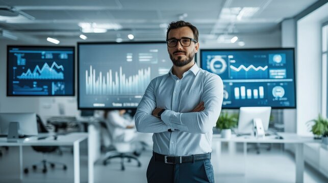 Very realistic photo of an AI developer explaining AI investment trends in a tech-forward office with large digital displays The office is bright and modern, with digital screens showcasing graphs