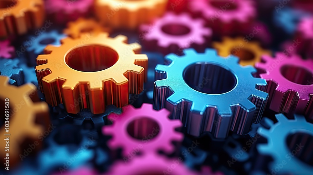 Fototapete abstract gears and colorful geometric shapes represent modular programming in modern vibrant style ideal for illustrating software development concepts and coding efficiency.image