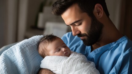 Very realistic photo of a newborn baby wrapped in a soft white blanket, tenderly held by his father in a blue hospital gown The father looks down at the baby with love and serenity, the peaceful