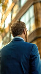 Businessman in a suit looking at a modern building in the city.