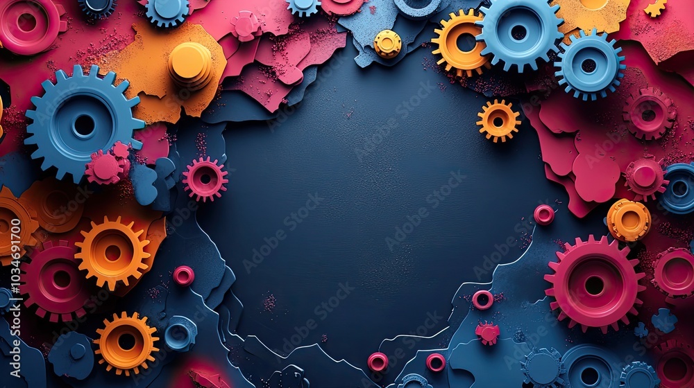 Poster abstract gears and colorful geometric shapes symbolize the dynamic and intricate nature of programmi