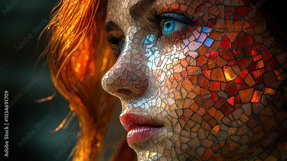 Poster abstract glass mosaic of female face symbolizing the innovative and analytical nature of the juli pr