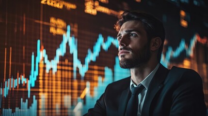 Fototapeta premium Very realistic photo of a businessman showcasing a bar graph with an upward trend and stock market figures displayed behind him Highlighting business success and corporate growth Styled like a