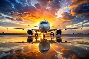 Airplane on runway at airport reflecting sunset colors