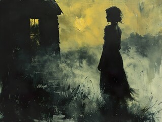 Fototapeta premium Silhouette of a Woman in a Foggy Field at Night