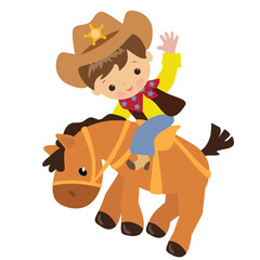 Cute little cowboy riding a horse vector cartoon illustration