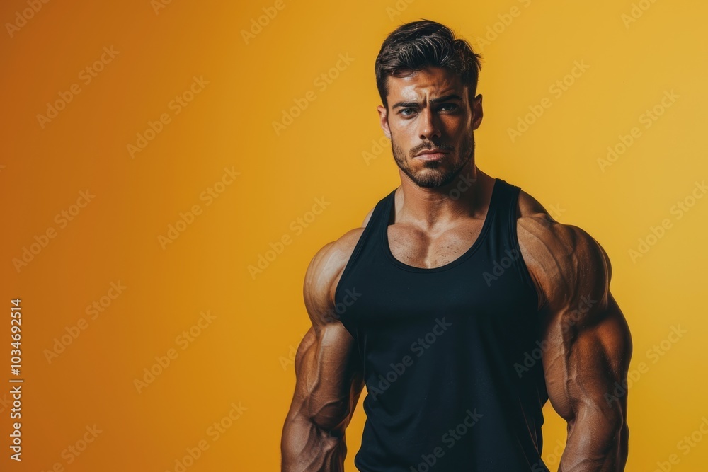 Sticker a strong, fit man with a focused expression, solid color backdrop blending physical power with menta