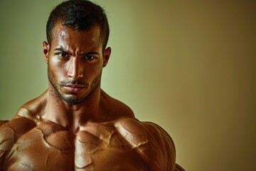 A strong, muscular man with a sharp gaze and a calm demeanor, solid color background representing the balance of physical and mental clarity, perfect for gym promotions
