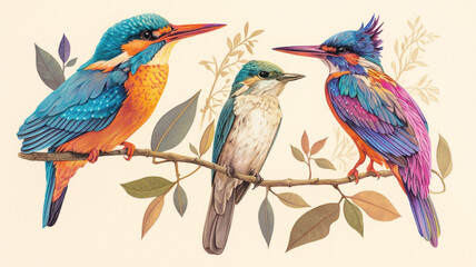 Fototapeta premium 花とカワセミの背景イラスト,翡翠,野鳥,川,テキストスペース,鳥