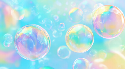 3D iridescent pink blue soap bubbles floating in air dreamy pastel bokeh background