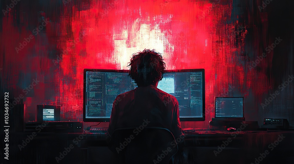Poster abstractof person sitting in front of computer representing computer science course and the concept 