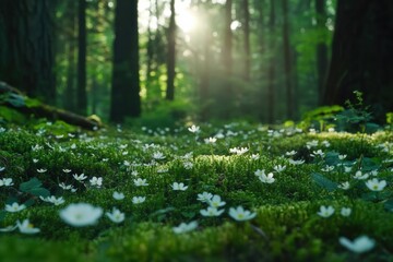 A peaceful forest floor covered in lush green moss and tiny wildflowers