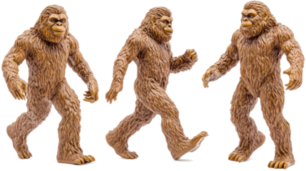 Set of 3 Bigfoot Figurines on Clear Background Generative AI