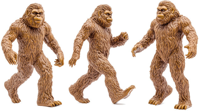 Set of 3 Bigfoot Figurines on Clear Background Generative AI