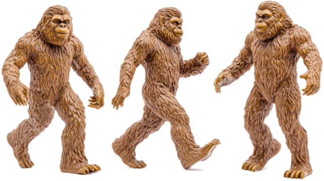 Set of 3 Bigfoot Figurines on Clear Background Generative AI