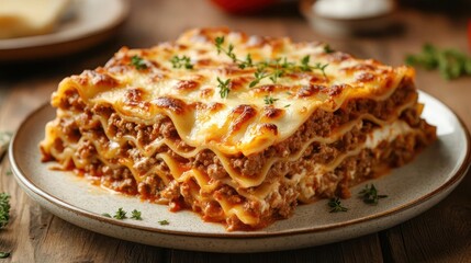 A large lasagna casserole with generous amounts of meat and cheese, ready to be served on a plate.