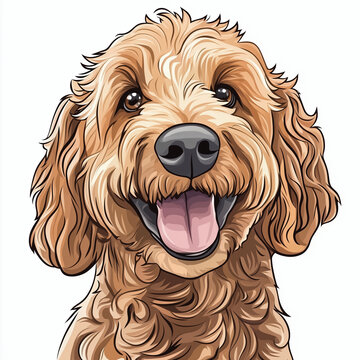 Happy goldendoodle face portrait cartoon illustration, dog head clip art design element