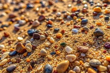 Colorful pebbles on sandy beach with warm sunlight and sand texture