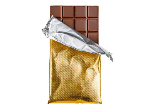 Chocolate bar with a gold foil packaging half opened isolated on transparent or white background