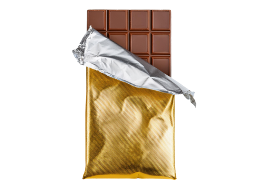 Chocolate bar with a gold foil packaging half opened isolated on transparent or white background