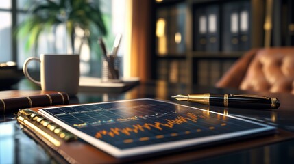 Fototapeta premium High-resolution ultra detailed photorealistic image of a 3D economic data chart with glowing neon elements emerging from a sleek metal surface, The scene includes modern office gadgets like a laptop