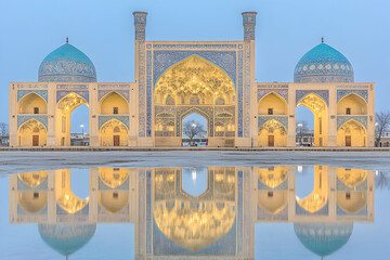 A grand mosque with intricate tilework and domes reflected in a puddle of water in front of it.