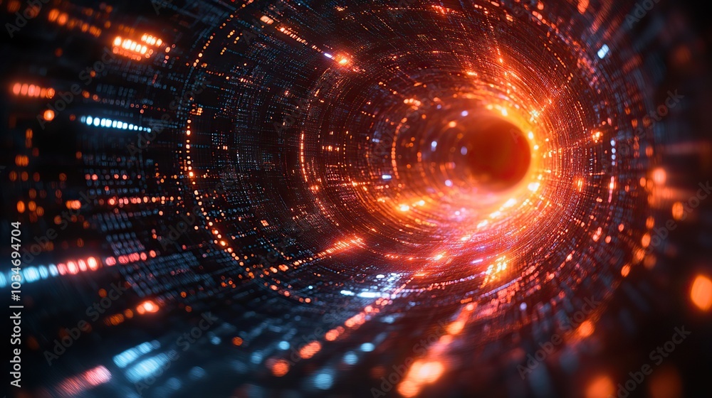 Poster abstract image of dat funnel with swirling digital elements representing dat flow and processing
