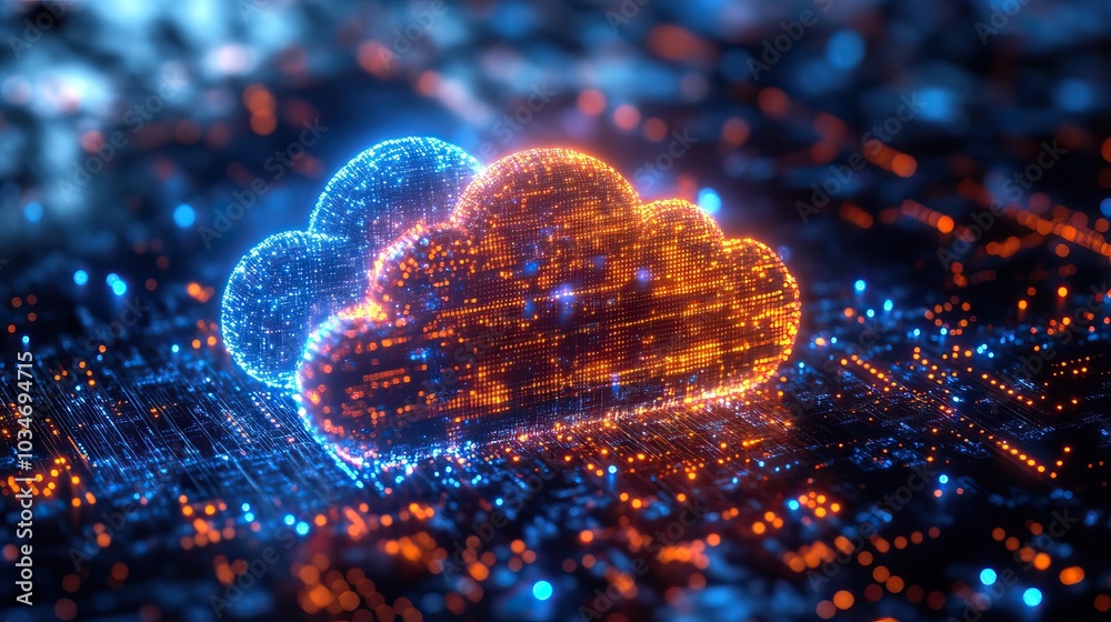 Poster abstract image of clouds and digital elements representing cloud migration and dat transfer.image