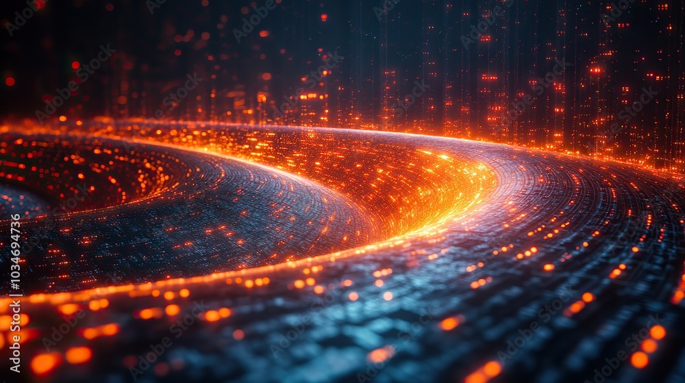 Poster abstract image of dat funnel with swirling digital elements representing dat flow and processing.ill
