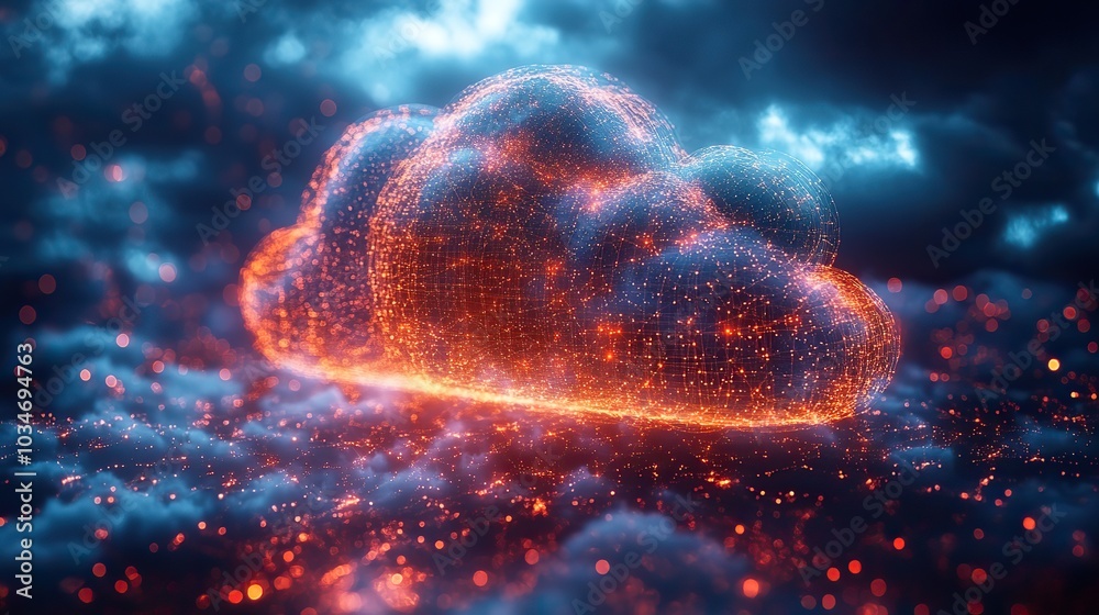 Poster abstract image of clouds and digital elements representing cloud migration and dat transfer