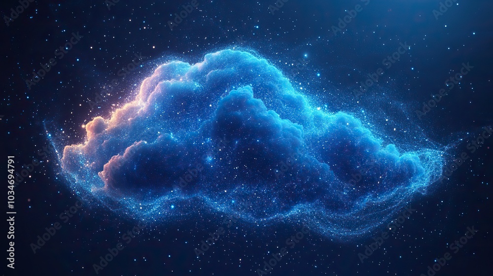 Poster abstract image of clouds and digital elements representing cloud migration and dat transfer.illustra