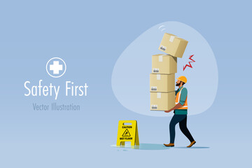 Worker carrying stack of boxes walking on wet floor with top accidentally falling. Careless, accident at industrial factory, safety first concept. Vector.