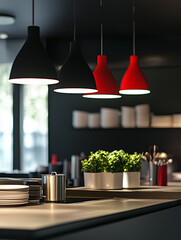 Modern bold restaurant kitchen | Black red white interior