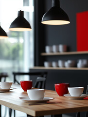 Modern bold restaurant kitchen | Black red white interior