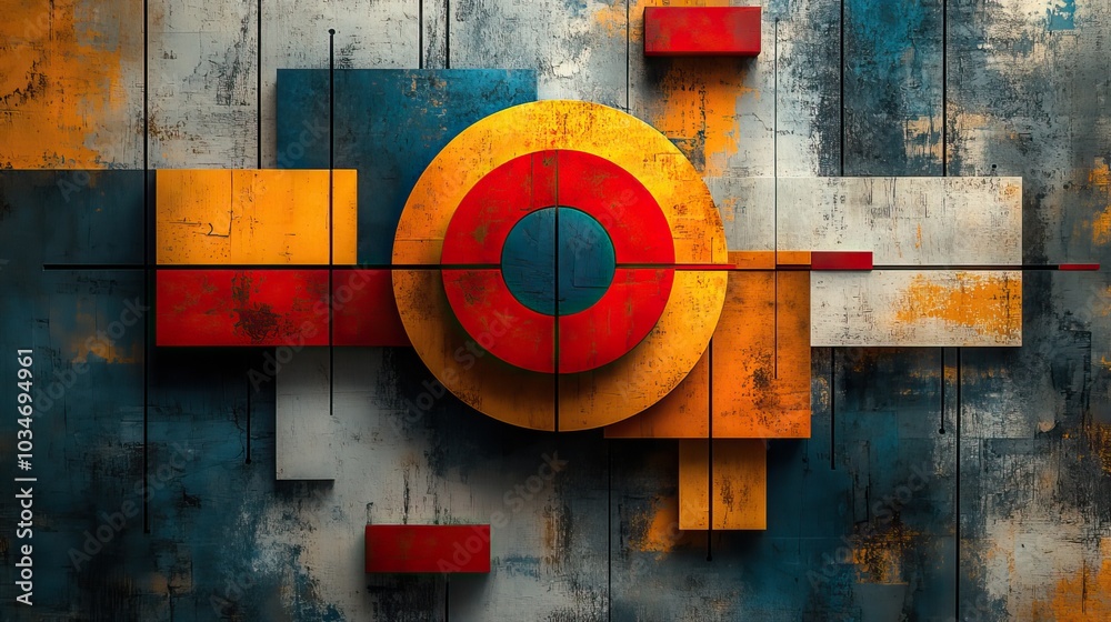 Poster abstract image with colorful target and geometric shapes symbolizing market segmentation and diverse